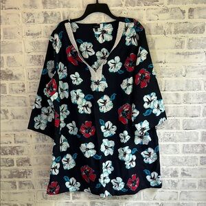 Talbots Linen Tunic Dress Blue Red Hibiscus Floral Beaded V-Neck Caftan Size 3X